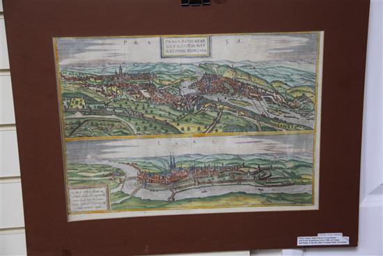 Braun and Hogenberg. Vienna Austriae Metropolis, a coloured engraved view of Vienna and Budapest, c.1635, 52 x 39.5cm